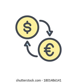 Money Exchange color line icon. Dollar and Euro Coins with Arrows vector outline colorful sign.