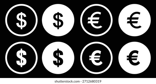 Symbolsatz für Geldwechsel oder Währungsumrechnung. Dollarzeichen mit Pfeilen, geeignet für Finanzanwendungen oder Geschäftspräsentationen. Währungszeichen Symbol Yuan, Dollar, Euro, Pfund Symbol. EPS 10.