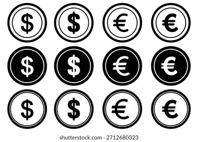 Symbolsatz für Geldwechsel oder Währungsumrechnung. Dollarzeichen mit Pfeilen, geeignet für Finanzanwendungen oder Geschäftspräsentationen. Währungszeichen Symbol Yuan, Dollar, Euro, Pfund Symbol. EPS 10.