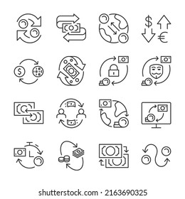 Money exchange, currency conversion icons set. Money transfer service. Different currencies and digital money, linear icon collection. Line with editable stroke