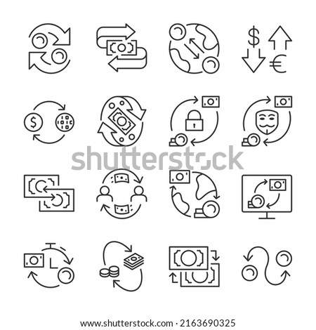 Money exchange, currency conversion icons set. Money transfer service. Different currencies and digital money, linear icon collection. Line with editable stroke