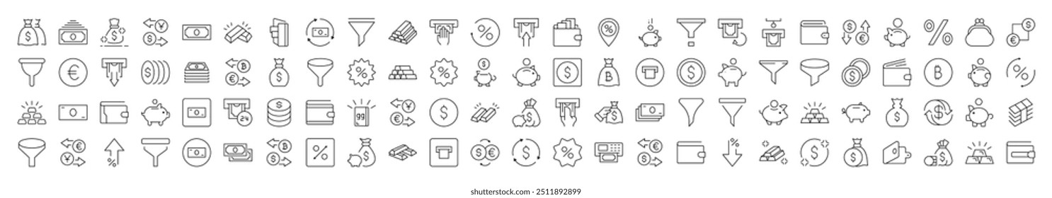 Money Exchange, Currency, Wallet, Bank, Funnel Collection of Thin Icons. Editable Stroke. Suitable for Web Sites, Books, Cards, Apps