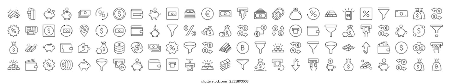 Money Exchange, Currency, Wallet, Bank, Funnel Bundle of Thin Icons. Editable Stroke. Suitable for Web Sites, Books, Cards, Apps