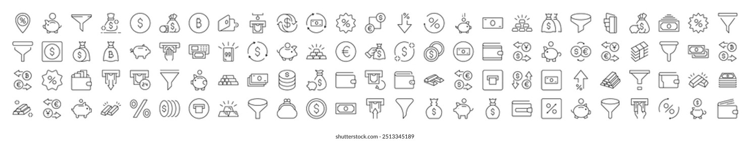 Money Exchange, Currency, Wallet, Bank, Funnel Related Icon Set. Editable Stroke. Suitable for Web Sites, Books, Cards, Apps