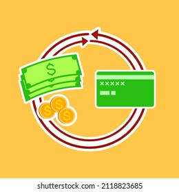 Cambio de dinero con tarjeta de débito ilustración de diseño vectorial que se ajusta al concepto de negocio, banca, finanzas, icono y símbolo