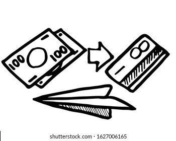 Money exchange drawn linearly in a hand drawing style. Quick transfer from cash to card and to turnover. One hundred denomination and a bank card. Paper airplane as a symbol of the speed translation.