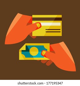 money exchange. Flat design modern vector illustration stylish colors of hand holding a business card and hand holding a coin 