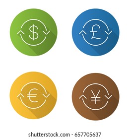 Money exchange flat linear long shadow icons set. US dollar, euro, Japanese yen, completed exchange. Refund. Vector outline illustration