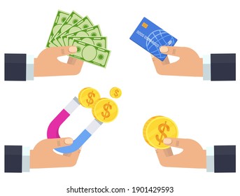 Money exchange flat vector illustration. Money and banknotes, credit and deposit. Banking, investment and budget.