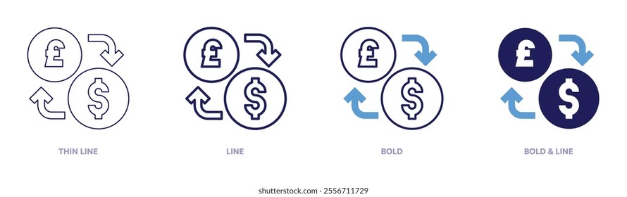 Money exchange icon in 4 different styles. Thin Line, Line, Bold, and Bold Line. Duotone style. Editable stroke.