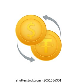 Icono de intercambio de dinero. Signo de moneda de banco y cripto. Símbolo de transferencia de efectivo Tether y Dollar. Ilustración de material vectorial.