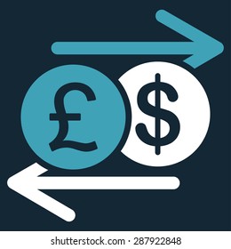 Money Exchange icon from Business Bicolor Set. This flat vector symbol uses blue and white colors, rounded angles, and isolated on a dark blue background.