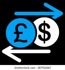Money Exchange icon from Business Bicolor Set. This flat vector symbol uses blue and white colors, rounded angles, and isolated on a black background.