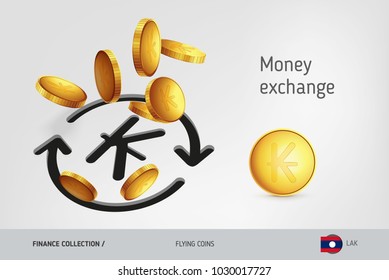 Money exchange icon with flying Lao Kip coins, finance concept. Vector illustration for print, websites, web design, mobile app, infographics.