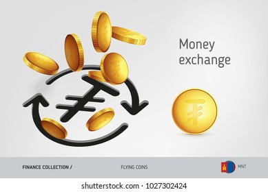 Money exchange icon with flying Mongolian Tughrik coins, finance concept. Vector illustration for print, websites, web design, mobile app, infographics.