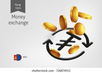 Money exchange icon with flying Mongolian Tughrik coins, finance concept. Vector illustration for print, websites, web design, mobile app, infographics.