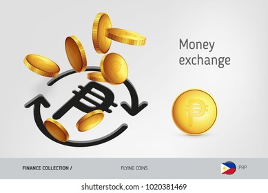 Money exchange icon with flying Philippine Peso coins, finance concept. Vector illustration for print, websites, web design, mobile app, infographics.