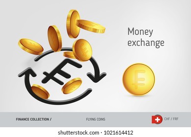 Money exchange icon with flying Swiss Franc coins, finance concept. Vector illustration for print, websites, web design, mobile app, infographics.