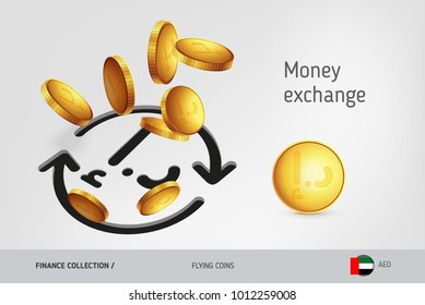 Money exchange icon with flying United Arab Emirates Dirham coins, finance concept. Vector illustration for print, websites, web design, mobile app, infographics.
