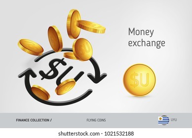 Money exchange icon with flying Uruguayan Peso coins, finance concept. Vector illustration for print, websites, web design, mobile app, infographics.