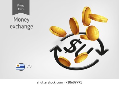 Money exchange icon with flying Uruguayan Peso coins, finance concept. Vector illustration for print, websites, web design, mobile app, infographics.