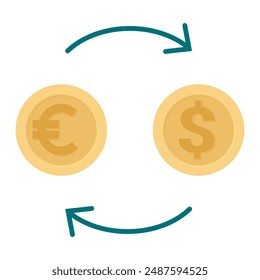 Money exchange icon isolated on white background. Gold euro and dollar coins. Vector icon, flat design.