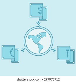Money exchange icon on blue button background, line vector