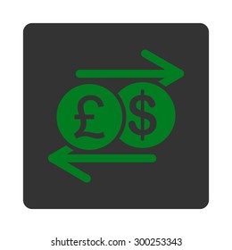 Money Exchange icon. This flat rounded square button uses green and gray colors and isolated on a white background.