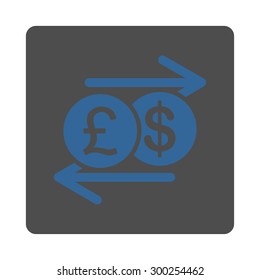 Money Exchange icon. This flat rounded square button uses cobalt and gray colors and isolated on a white background.