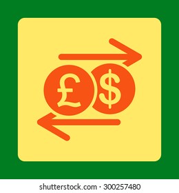 Money Exchange icon. This flat rounded square button uses orange and yellow colors and isolated on a green background.