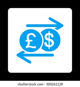 Money Exchange icon. This flat rounded square button uses blue and white colors and isolated on a black background.