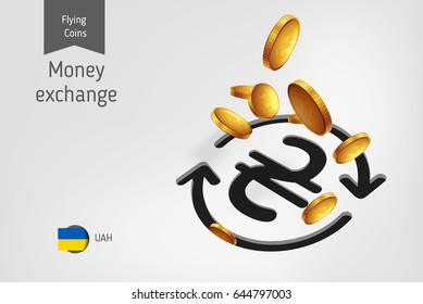 Money exchange icon with Ukrainian hryvnia coins, finance concept.