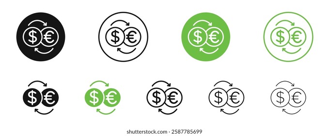Money exchange icons in black and green colors collection
