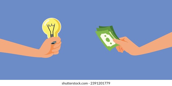 
Money in Exchange for Ideas and Creativity Vector Illustration. Person selling his innovation patent to the highest bidder 
