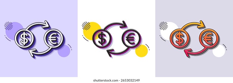 Ícone de linha de câmbio de moeda. Padrão pontilhado de meio-tom. Ícone de gradiente com sombra de grão. Sinal de moeda bancária. Símbolo de transferência de Caixa em Euro e Dólar. Ícone de câmbio de moeda da linha. Vários desenhos. Vetor