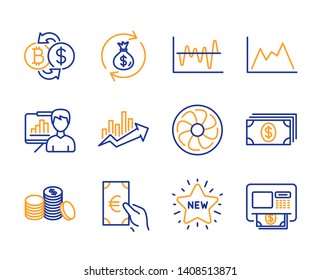 Geldbörse, Neue Sterne und Wachstumskarte Symbole einfache Set. Bitcoin-Umtausch-, Bank- und Finanzzeichen. Darstellungsbrett, Stockanalyse und Diagramsymbole. Symbol für den Geldwechsel in der Linie. Farbiges Set