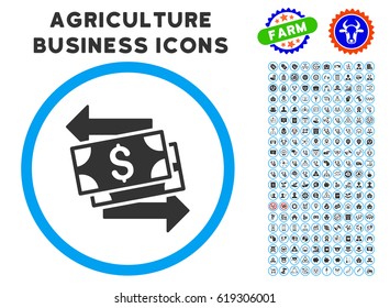 Money Exchange rounded icon with agriculture business icon clipart. Vector illustration style is a flat iconic symbol inside a circle, blue and gray colors. Designed for web and software interfaces.