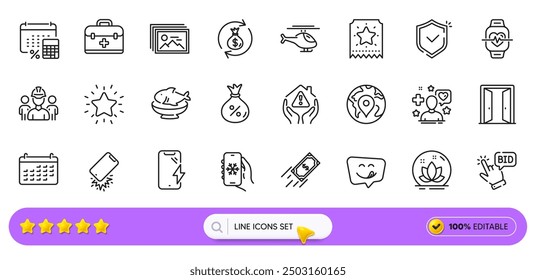 Money exchange, Shield and Calendar line icons for web app. Pack of Loyalty ticket, First aid, Smartphone charging pictogram icons. Pin, Yummy smile, Engineering team signs. Seafood. Vector