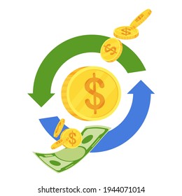 Money exchange sign. Safe currency exchange, cash flow, investment and bank transfer symbol. Bank and Finance. Flat vector cartoon illustration. Objects isolated on a white background.