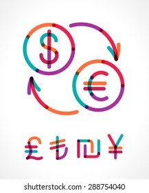 Money exchange sign. Transparent colorful line vector illustration. Various currencies symbols. United States dollar, Pound Sterling, Turkish Lira, Israeli Sheqel, Japanese Yen