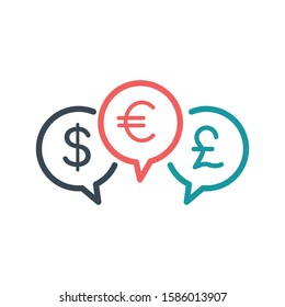 Money exchange in three Chat bubble design. Banking currency sign. Euro and Dollar Cash transfer symbol. Stock Vector illustration isolated on white background.