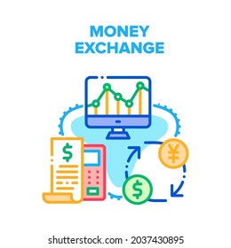 Money Exchange Vector Icon Concept. Calculating And Receipt Of Money Exchange, Researching And Monitoring Currency Rate Online On Computer Display. Financial Process Color Illustration