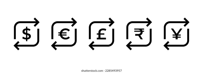 Juego de iconos vectoriales de intercambio de dinero. Símbolo de conversión de dinero. Economía, crisis, intercambio, logotipo de transferencia