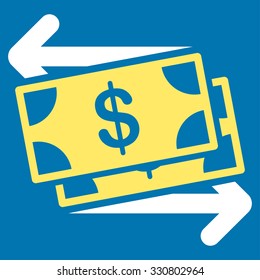 Money Exchange vector icon. Style is bicolor flat symbol, yellow and white colors, rounded angles, blue background.