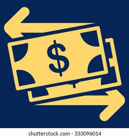 Money Exchange vector icon. Style is flat symbol, yellow color, rounded angles, blue background.