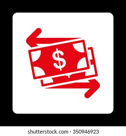 Money Exchange vector icon. Style is flat rounded square button, red and white colors, black background.