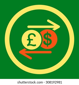 Money Exchange vector icon. This flat rounded symbol uses orange and yellow colors and isolated on a green background.