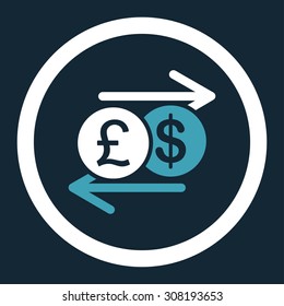 Money Exchange vector icon. This flat rounded symbol uses blue and white colors and isolated on a dark blue background.