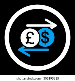 Money Exchange vector icon. This flat rounded symbol uses blue and white colors and isolated on a black background.