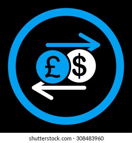 Money Exchange vector icon. This flat rounded symbol uses blue and white colors and isolated on a black background.